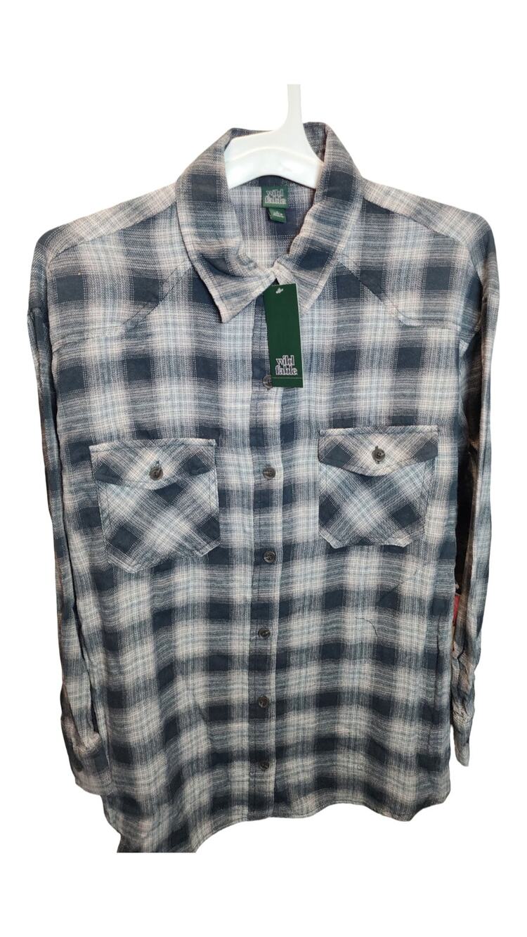 Wild Fable Gray White Plaid Flannel Western Button Down Shirt Long Sleeve NWT